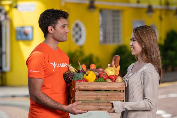 Lalamove driver handing in groceries items to customer