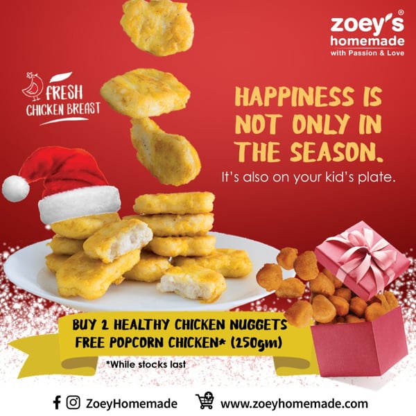 image showing promotion by zoeys homemade offering free chicken popcorn with every purchase of nugget