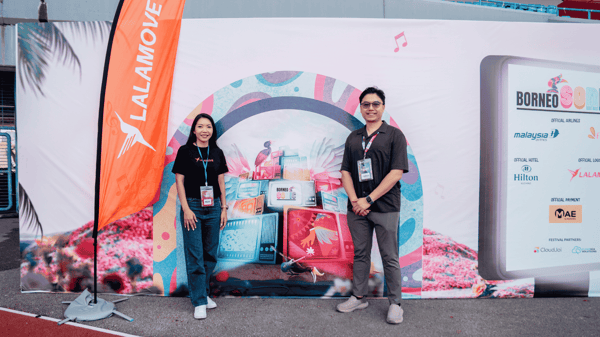 jane teh and steven au posing at stadium sarawak for borneo sonic music festival 2024