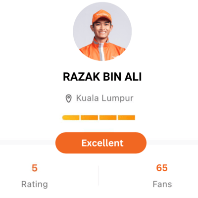 profil rakan penghantar lalamove yang mempunyai rating cemerlang, 5 bintang dan 65 orang peminat