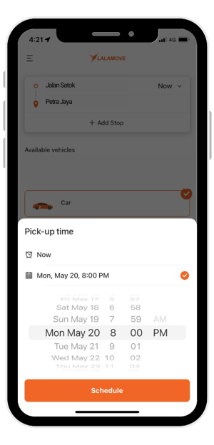 screenshot showing lalamove app to choose pick up time for delivery
